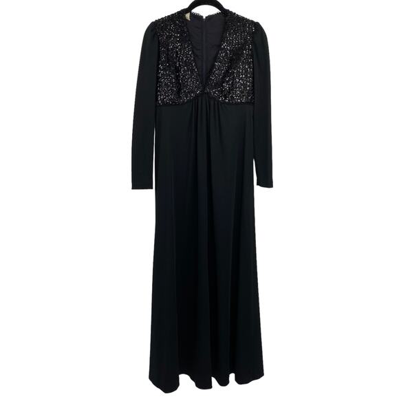 Vintage Shawn Jos 1970s Formal Gown Maxi Dress Black Sequin V Neck Womens Small - Picture 8 of 9